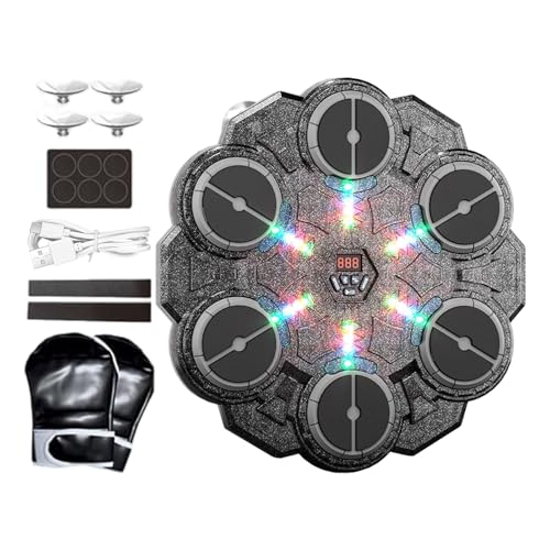 Máquina de boxe musical - soco inteligente ajustável, luzes LED e blueto0th 33,5 x 36,5 x 3,7 cm | Unidade de boxe interativa montada na parede com luvas para adultos, crianças, treinos, fies