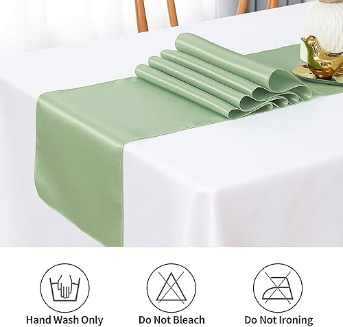 Miniatura 7 de Paquete de 10 caminos de mesa color verde salvia satinado para decoración de fiestas, bodas, cumpleaños, 12 x 108 pulgadas, camino de mesa de boda
