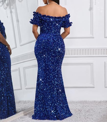 Image of dasmzper Women Sexy Sequin Off Shoulder Ruffle Short Sleeve Bodycon Mermaid Party Formal Evening Maxi Dress
