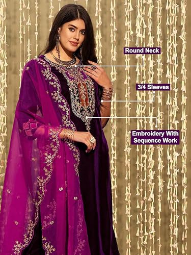Image of TRENDMALLS Women's Velvet Embroidery Salwar Suit Set Kurta Pant with Dupatta
