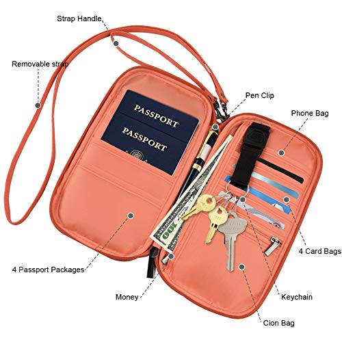 RFID Blocking Passport Wallet, Family Travel Passport Holder Document Organizer Bag with Wrist & Neck Double Strap (Orange) by homchen - Image 3