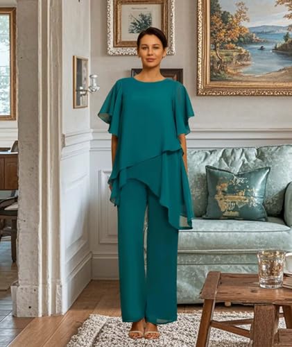 2 Pieces Mother of The Bride Pant Suits for Women Dressy Chiffon Sets Ruffle Layers Formal Wedding Guest Outfit2