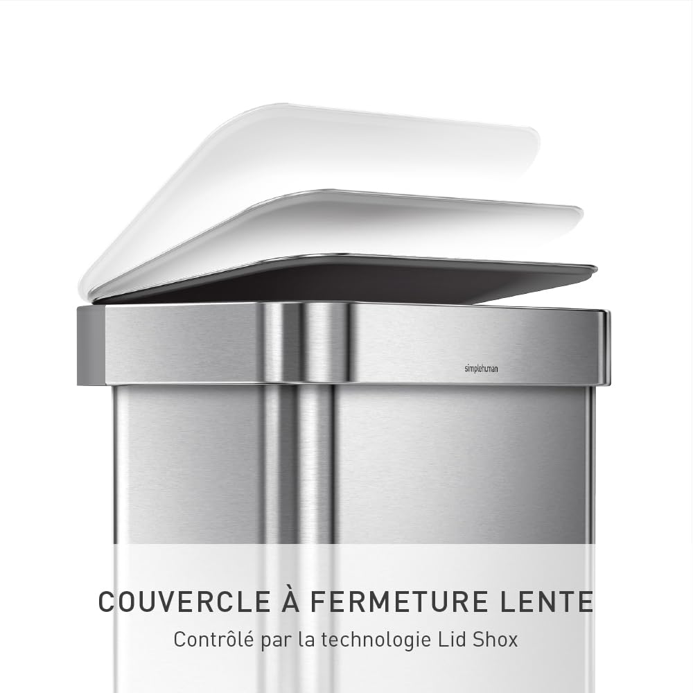 simplehuman poubelle rectangulaire à pédale, avec réserve à sacs, acier inoxydable brossé avec couvercle en plastique gris, 45 litres