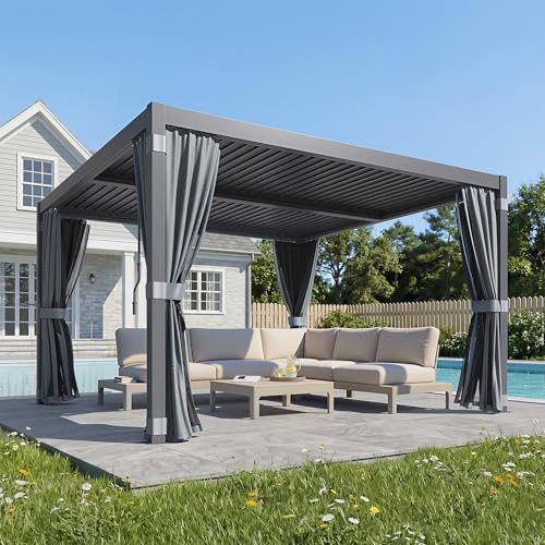MELLCOM Louvered Pergola 12x12, Outdoor Rustproof Shelter with Adjustable Roof, Steel Aluminum Gazebo with Waterproof Curtains and Netting for Patio Deck, Dark Grey