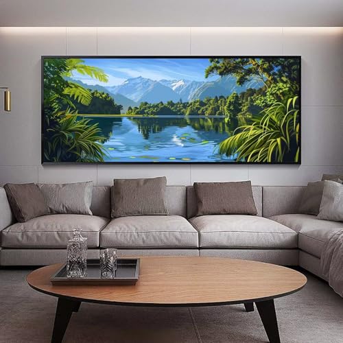 Peinture diamant lac et forêt pour décorer un grand salon chaleureux