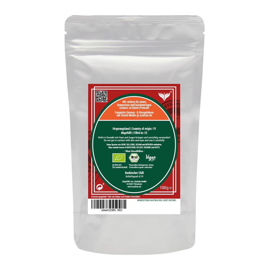 Azafran BIO Baskischer Chili Espelette gemahlen AOP 100g | Elegante Schärfe für Feinschmecker aus dem Baskenland