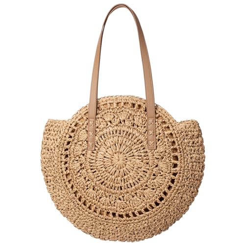 Image of Pleneal Straw Beach Bags for Women - Women Beach Handmade Woven Tote Bag, Summer Mesh Hollow Shoulder Bag for Holiday