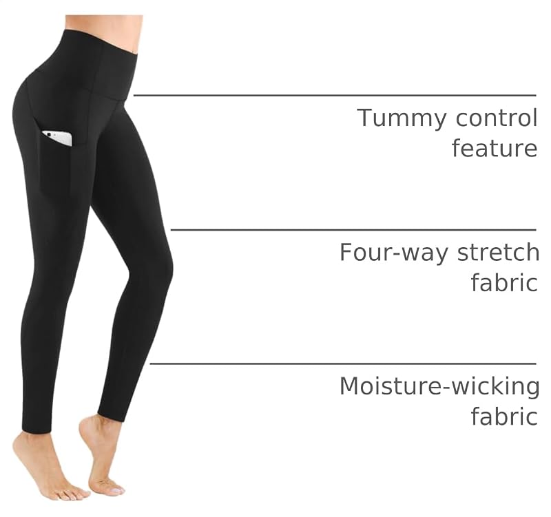 PHISOCKAT High Waist Yoga Pants Women with Pockets Workout Leggings Black image 4