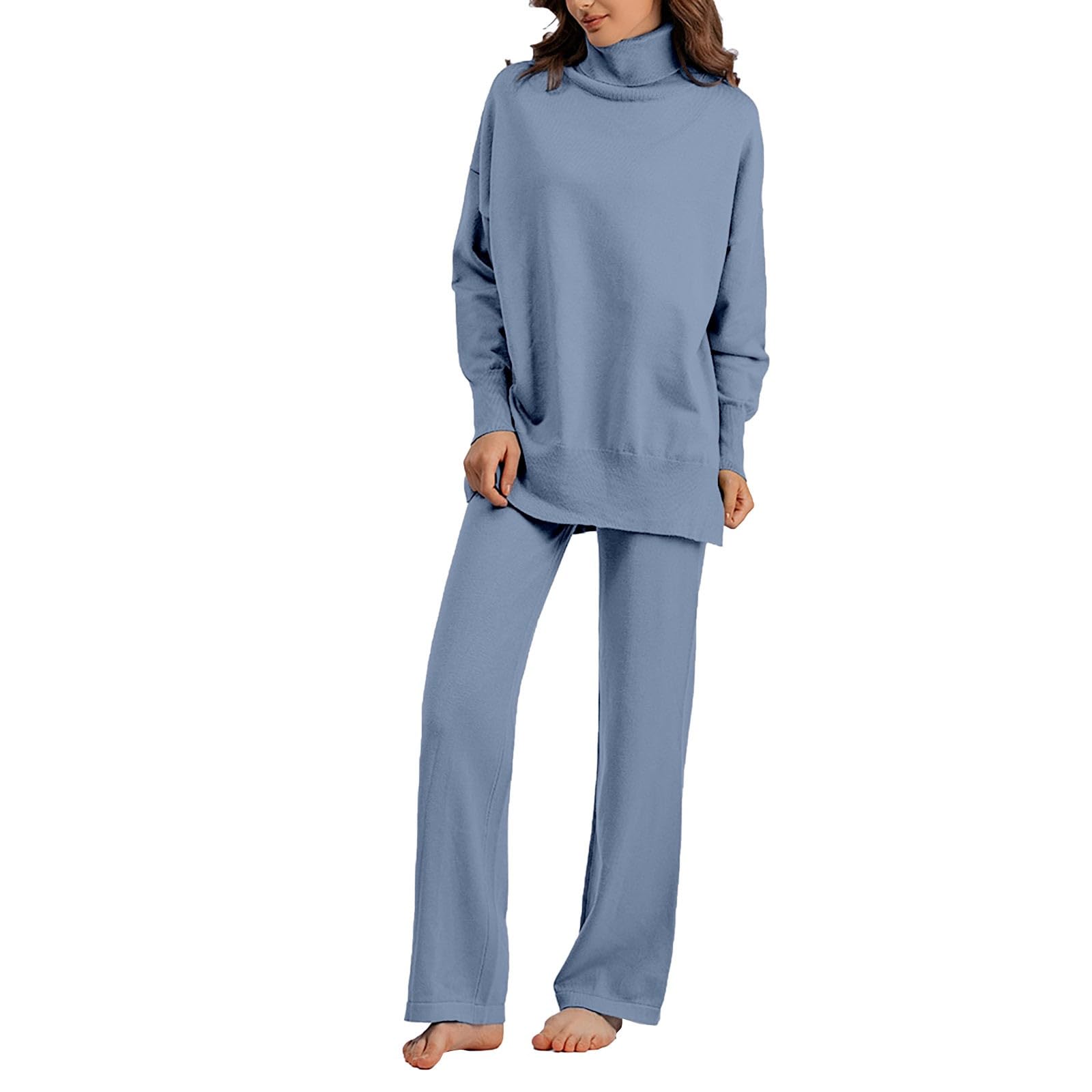 Kuschel Schlafanzug Damen Frauen Winter Einfarbig Langarm Rollkragen Stricken Pullover Breite Bein Hosen Lose Version Casual Hause Tragen Sets Paare Pijamas Jumpsuit Kuschelig Frottee