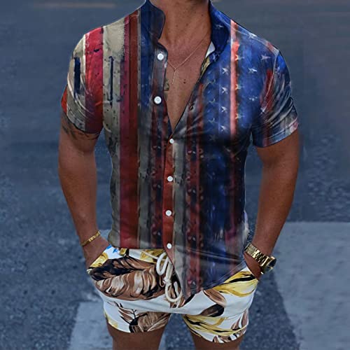 Fashion Top Spring Casual Blouse Printed Sleeve Beach Short Flag Shirts Men Summer Men Shirts Pajama Short Sleeve (Blue, Xl) #TOP1