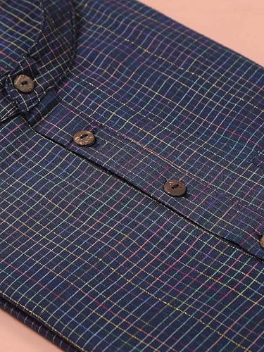 Image of Filori Lurex Checks Design Short Kurta | Pure Cotton | Half Sleeves | Mandarin Collar