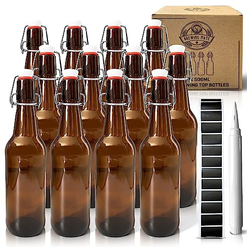 Brewing Mate 12 Botellas De Cristal Marrón De 500 Ml Con Tapa Abatible Para Cerveza Casera, Botellas De Cerveza, Sidra, Kombucha Con Tapa Abatible De Acero Inoxidable, Incluye Etiquetas De Pizarra Y