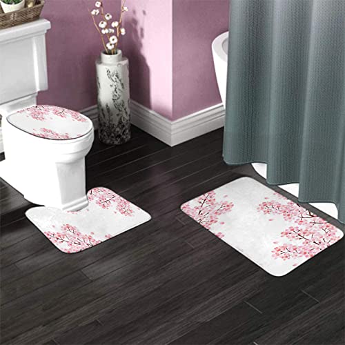 Badezimmerteppich-Set, 3-teilig, Frühlings-Kirschblüten-Kunstgemälde, Effektdruck, Moderne Kunst, waschbare Badteppiche, rutschfest, mit Rückenpolster, Konturteppich und Toilettendeckelbezug – Bild 4