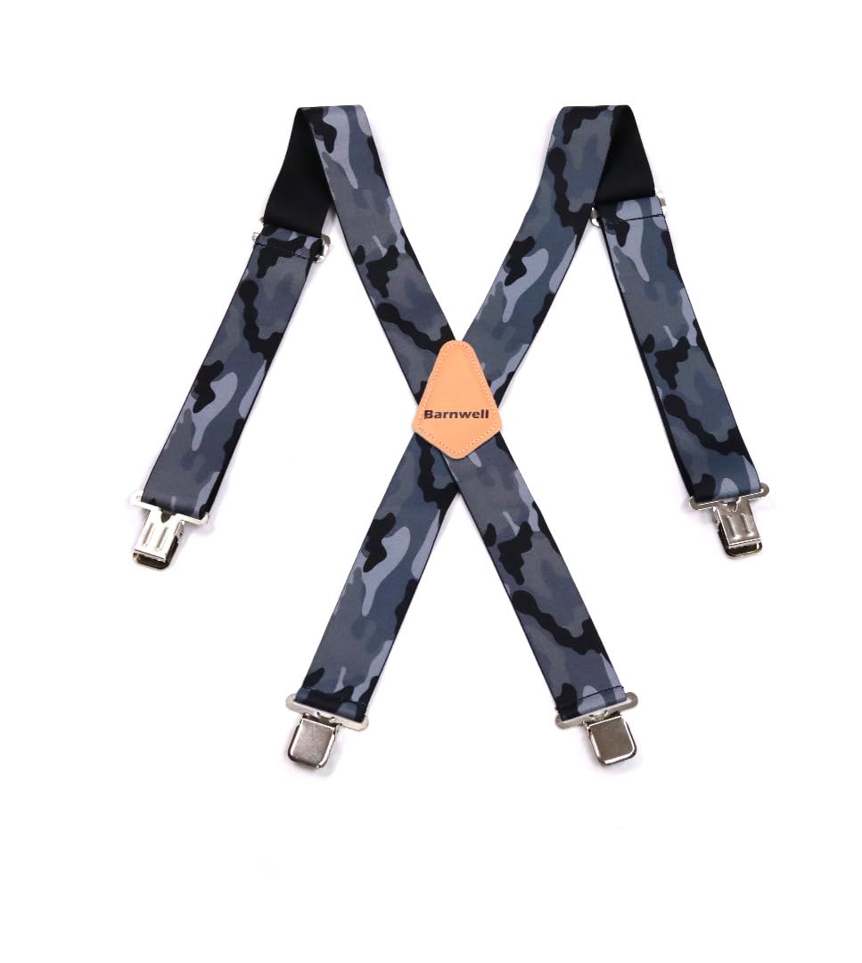 Barnwell Suspenders - Grey Camo Camouflage Trouser Braces Suspenders Heavy Duty Metal Clips 50mm Wide Adjustable Elastic Work Camping