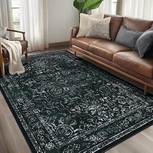 Vintage Black Washable Area Rugs 5x7 for Living Room, Distressed Medallion Printed Rugs for Bedroom, Non Slip Washable Low Pile Thin Carpet Rugs for Dining Room/Kitchen/Foyer/Home Office
