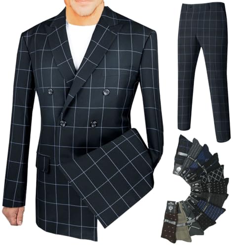 Men's 2-Piece Men's Windowpane Double Breasted Suit w/1 Pair of Socks