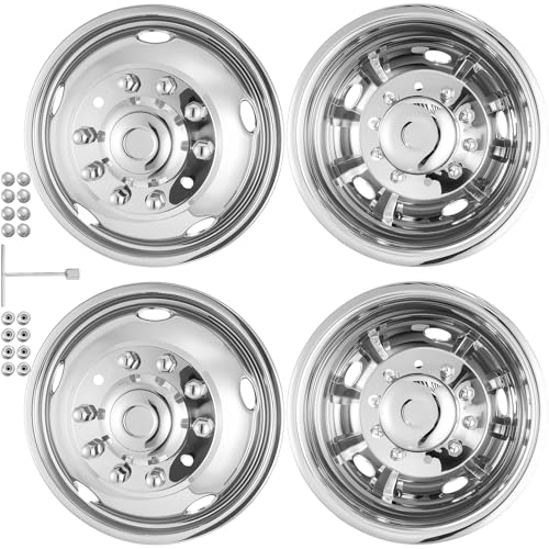 19.5 Wheel Simulators 304 Polished Stainless Steel Simulator Kit 2 Front and 2 Rear Wheel Covers 10 Lug 5 Hand Hole with Bolt Kit Fit for 2005-2021 Ford F450/F550(19.5IN)