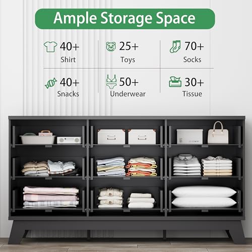 Image of Xixini Fluted Dresser for Bedroom with 9 Drawers, 57 inch Wide Chest of Drawers with Metal Handle, Modern Wood Dresser TV Stand, Wooden Closet Clothes Storage Organizer for Living Room, Hallway, Black