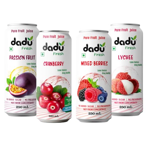 Image of Dadu Fresh Tropical & Berry Fruit Juice Combo | Passion Fruit, Cranberry, Mixed Berries & Lychee | Pure Fruit Healthy Beverage | No Added Sugar, No Preservatives, Not from Concentrate | Vitamin Rich & Naturally Refreshing | 1070ml (4 Cans)