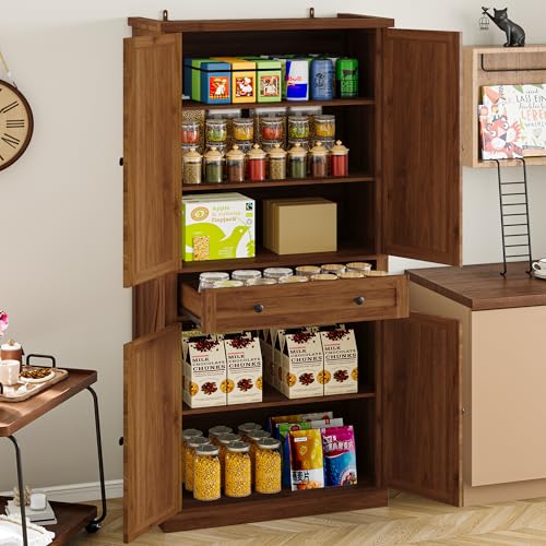 Image of BORNOON Pantry Organizers and Storage Cabinet, 67.71 inch Barn Door White Kitchen Cabinet with Drawers and Adjustable Shelf, Tall Pantry for Kitchen, Dining Room, Living Room