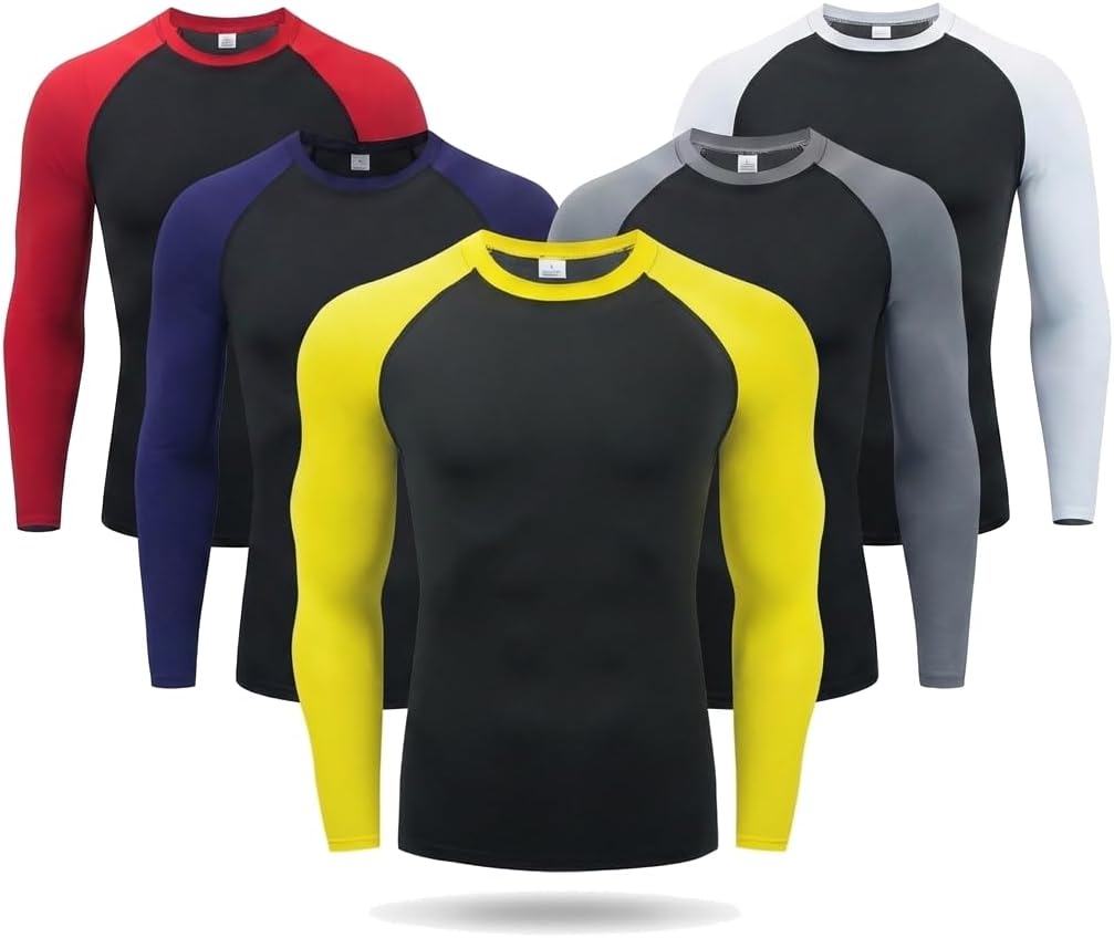 5-Pack Men’s Long Sleeve Compression Shirts for Moisture-Wicking Workouts
