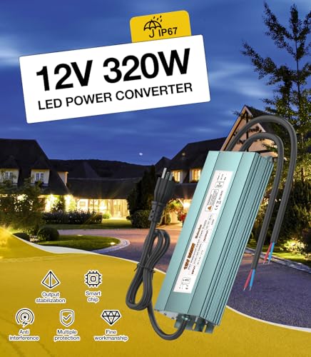 Image of 300W LED Driver 12V DC Transformer, IP67 Waterproof Low Voltage Power Converter with 3-Prong US Plug for Outdoor & Indoor LED Lights, Computer Projects