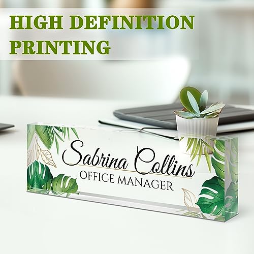 Image of Custom Name Plate for Desk, Desk Name Plate Personalized, Office Decor for Women Men, Acrylic Desktop Accessories, Office Appreciation Gifts for Boss Social Workers Nurse Teacher Employee(Green Leaf)