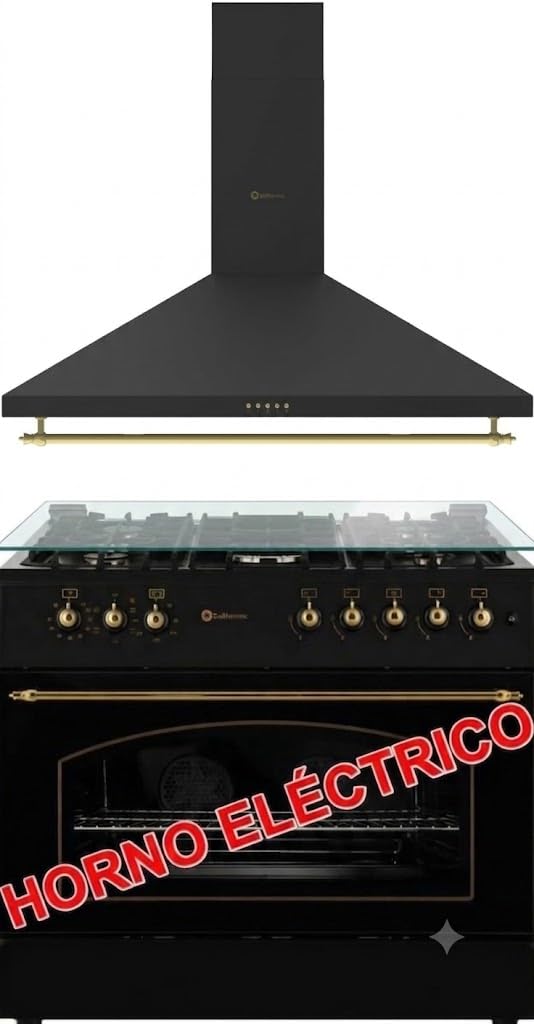 PACK SOLTHERMIC F9L50E5RB HORNO PANORAMICO ELECTRICO Y CAMPANA H90PR NEGRO RÚSTICO ACABADOS DORADOS / 90 CM/HORNO 115l