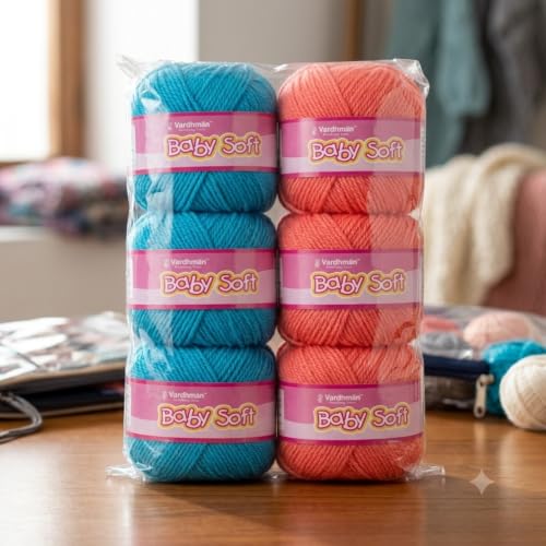 Image of Vardhman BabySoft Knitting Yarn | 100% Acrylic Wool | 4 Ply | Thin Knitting & Crocheting Hook Thread & Lightweight | Special Baby Wool | 150 Grams (6 Balls of 25g) | Machine Washable | Ideal for Blankets, Hats, Booties Ultra-Soft for Baby Sweaters, Blankets, Caps, Socks, Soft toys, Art & craft (Blue 23 + Bright Orange 84)