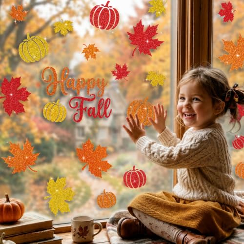Image of 6 Sheets Fall Window Clings Decor, Glitter Maple Leaf Pumpkin Window Decals | Thanksgiving Window Stickers with Sparkling Powder, Happy Fall Decorations for Home Office School Classroom Indoor Party