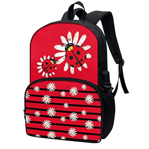 Modysero Red Stripes Ladybug Daisy Print Custom Student Backpack Lightweight Large Capacity School Bag with Two Side Pocket Travel Picnic Casual Backpack for Girls2