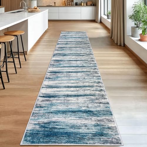 KOZYFLY Modern Abstract Hallway Runner Rug,2.6x14 Washable Rug Runner Non-Slip Soft Striped Kitchen Runner Rugs, Print Distressed Blue Carpet Runner for Entryway Bathroom Laundry Room Foyer