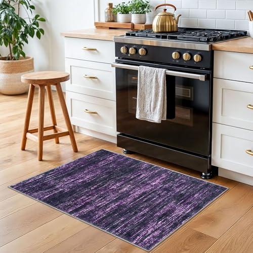 2x3 Purple White Modern Abstract Rug for Entryway, Super Soft Small Area Rug, Washable Non-Slip Kitchen Rugs, Low-Pile Mat for Bedside, Indoor Door Mat