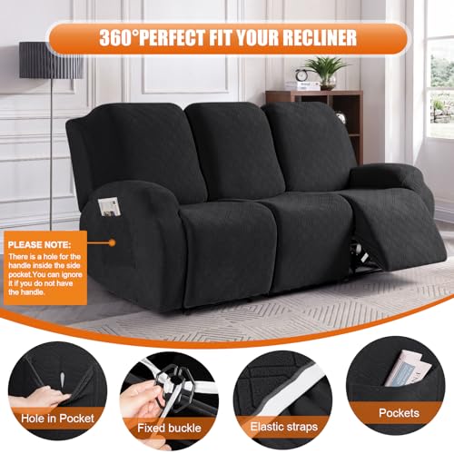 Image of VANSOFY Recliner Cover, 3-Pieces Stretch Reclining Couch Covers with Pockets Reclining Sofa Slipcovers 3 Seater Soft Washable Furniture Protector for Dogs Cats(Black)