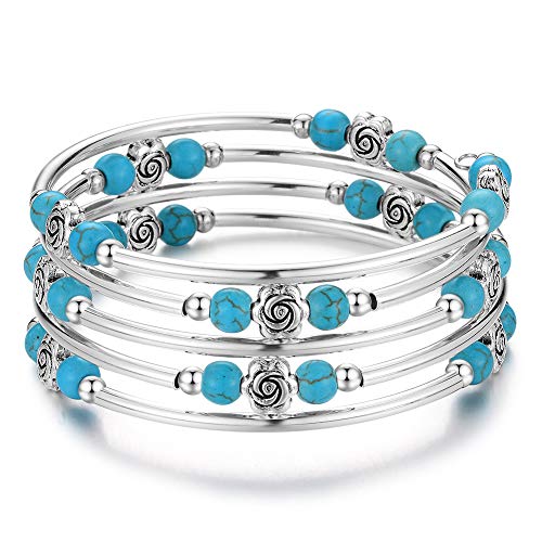 BULINLIN Wrap Bangle Rose Bead Bracelet - Beaded Bracelet with Natural Agate Stone Gifts for Women Girls (14-Turquoise)