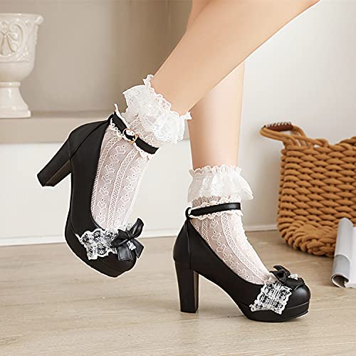 Women Fashion Sweet Bownot Lace Lolita Princess Single Shoes High Heels Ankle Strap Maid Mary Jane Pumps4