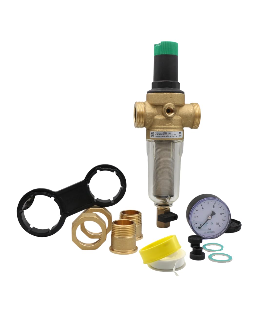 Kit de filtre de rinçage à rétroaction composé d'un filtre de rinçage Resideo FK06, d'un manomètre Afriso, d'une bande d'étanchéité filetée en téflon (1")