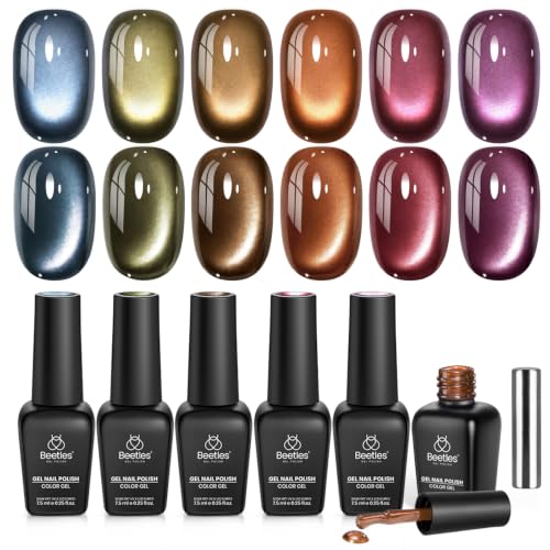 Image of Beetles Cat Eye Gel Nail Polish Set, Timeless Amber 6 Colors Fall Nail Gel | Glitter Gel Blue Olive Green Brown Burgundy Red Purple Magnetic Glass Effect Soak Off UV Manicure with Magnet Gift for Women