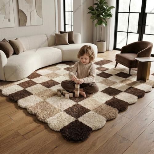 Image of SWEET HOMES Brown Beige Carpet for Living Room Shaggy Checkered Area Rug | Ultra Soft Irregular Shape, 6 x 8 Feet (183 x 244 cm), Beige-Brown A1
