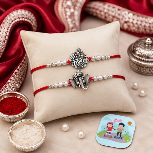 Image of Silver rakhi Magnet Gift for Brother Set of 1 - Krishna Ganesha Rakhis for Brother Bhai Bhaiya - Dessigner Rakhi Set of 2 with Fridge Magnet Men Boys Kids Rakshabandhan Designer Thread Bracelet Rakhis