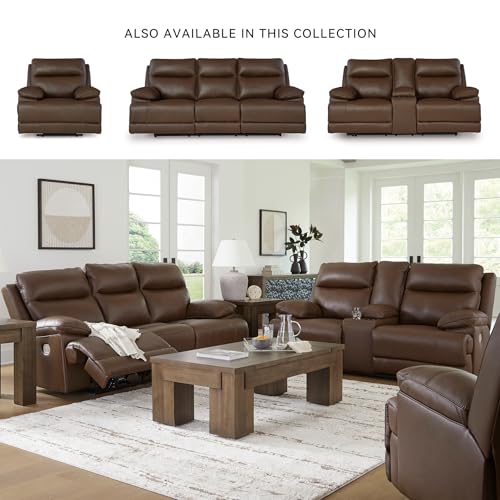 Image of Signature Design by Ashley VonRyan Power Recliner, Zero Gravity Oversized Leather Recliner with Adjustable Headrest, Living Room Chair with USB Port, Tobacco Brown