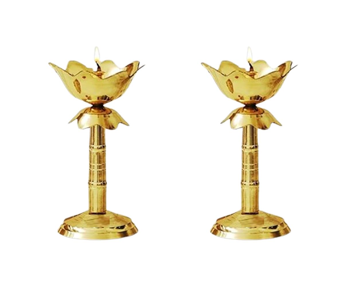 Satre Online and Marketing Traditional Brass Small Samai Set of 2, Lotus Design, Samai for Pooja, Home, Mandir, Oil Lamp, Stand Oil Lamp/Samai - 2 Pcs, Gold, ST00000617