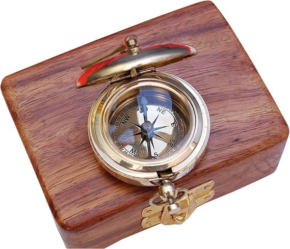 Brújula náutica de latón con caja de madera – Reloj de sol y brújula estilo antiguo, regalo vintage para navegación marítima, camping y senderismo miniatura 3