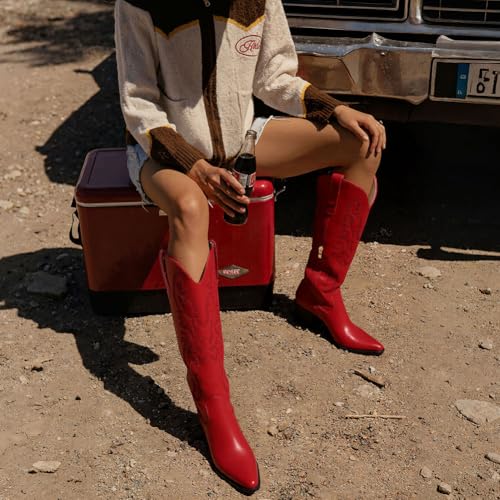 Erocalli Knee High Boots Women Cowgirl Cowboy Western Fall Chunky Block High Heel Tall Long Fashion Boot Side Zipper