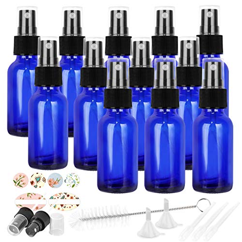12 Pack 30 ml 1 oz Blue Glass Spray Bottles with Fine Mist Sprayer & Dust Cap for Essential Oils, Perfumes,Cleaning Products.Included 1 Brush,2 Funnels,3 Droppers & 18 Labels.