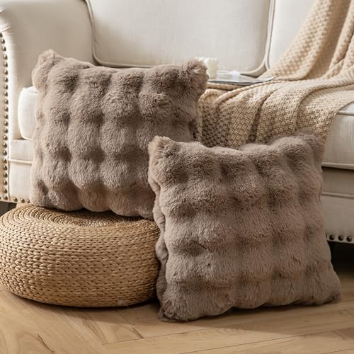 2er Set Plüsch Kissenbezug Dekorativ Sanft Kurze Wolle Samt Zierkissenbezüge Luxus Square Kissenhülle für Sofa Couch Wohnzimmer 45x45 cm Taupe – Bild 2