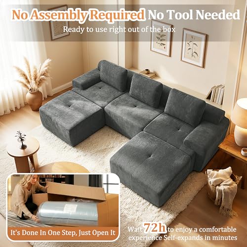 Image of 122 inch U Shaped Oversized Boneless Couch, Comfort Cloud Sectional Couches for Living Room, Modular Sofa High Back & Extra Deep Seat, No Assembly, Soft Chenille (Dark Grey, 122 inch-U shaped(3+2))