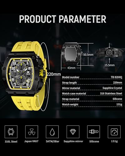 Image of TSAR BOMBA Men's Luxury Quartz Watch, Luminous Dial 5ATM Water Resistance Silicone Strap Men's Wristwatch Ideal Gift for Men