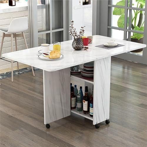 Mesa de comedor plegable extensible con 6 ruedas, diseño de hojas colgantes que ahorra espacio con estantes de almacenamiento abiertos, mesa para trabajo, estudio y comedor, color blanco/B, 120 cm
