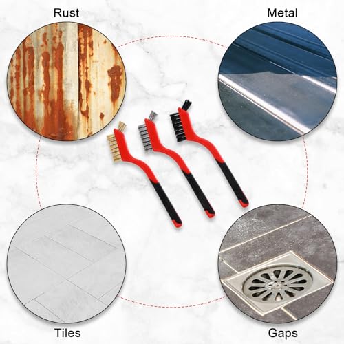 Image of Reallnaive 50 Pcs Wire Brushes for Cleaning Rust 7 Inch Brass /Stainless Steel /Nylon Wire Brushes with Curved Handle Grip for Deep Cleaning Small Parts Rust Dirt Paint Scrubbing